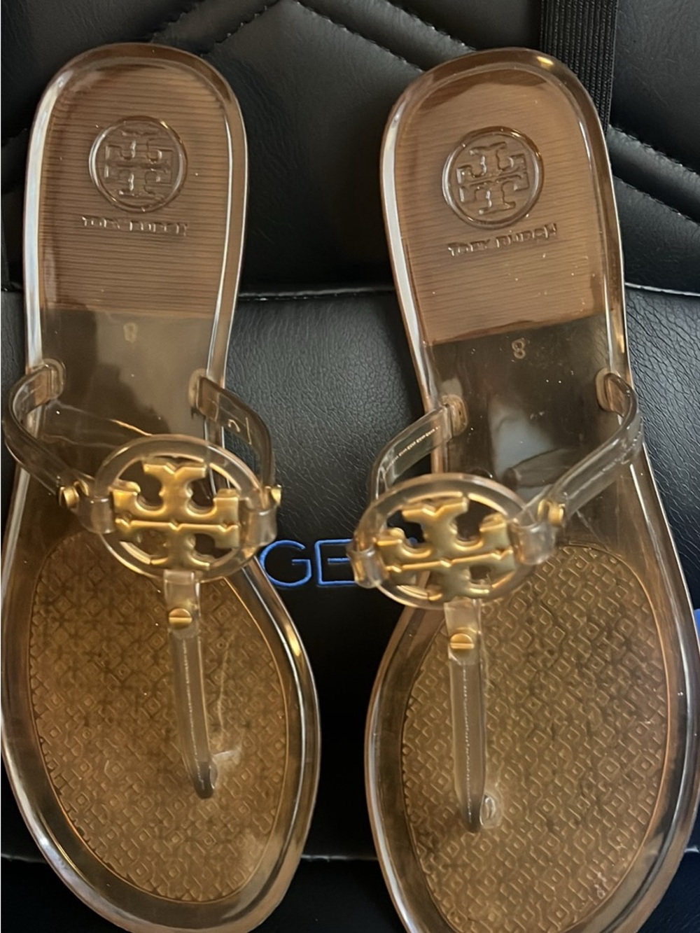 Tory Burch Clear Jelly Sandals with Gold Logo Medallion